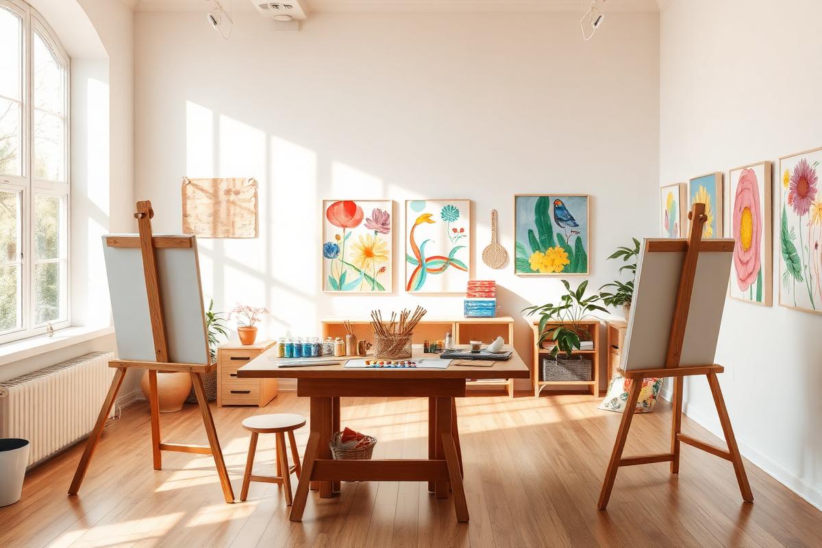 Ateliê de arteterapia com cavaletes e pinturas