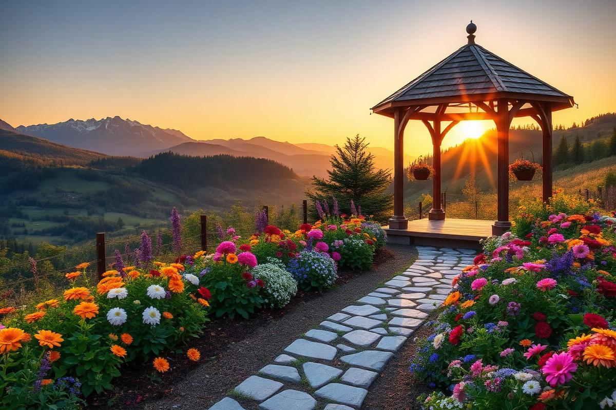 Jardim florido com quiosque ao pôr do sol