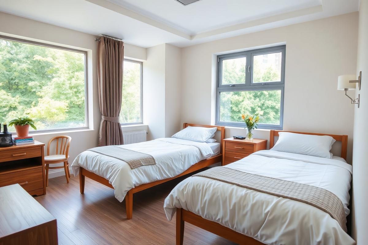 Quarto compartilhado com camas e vista para o jardim