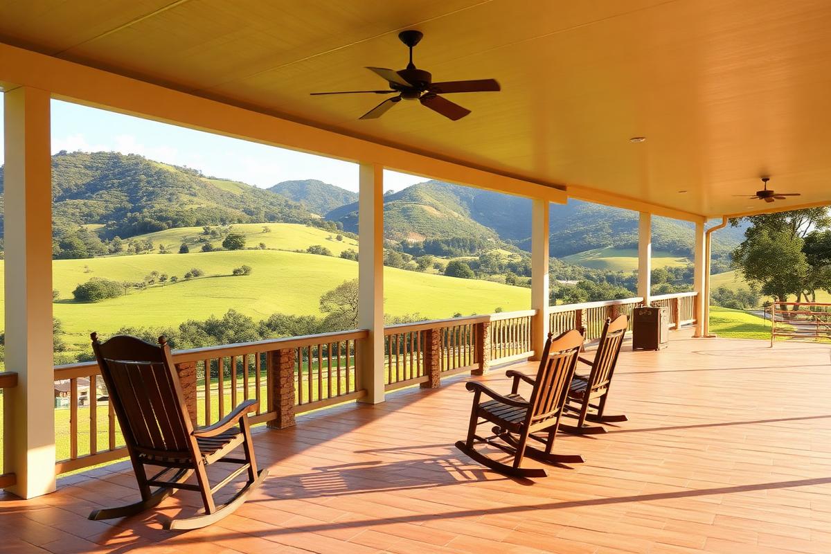 Varanda com cadeiras de balanço e vista para as montanhas